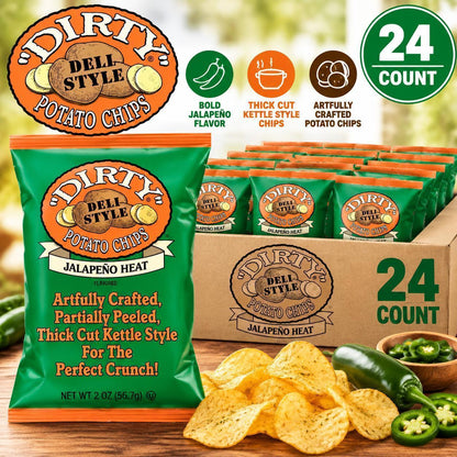 Dirty Potato Chips - Jalapeno Heat Flavor, 2 oz Kettle Fried Potatoes Snack Food, 24 Count Spicy Snack Bags