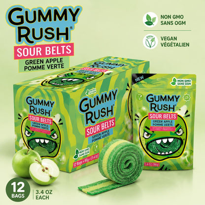 INFIN8 Gummy Rush Sour Green Flavor Soft Tangy Chewy Candy Belts, 3.4oz, 12-Count Candies for Party & Daily Snacking
