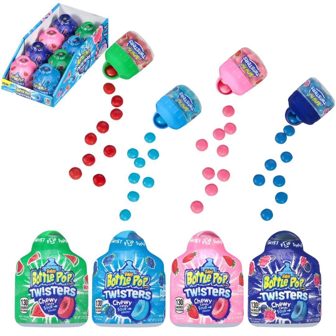 Bazooka Baby Bottle Pop Twisters, 2.7oz 8-Count Fruit-Flavored Sweet Twisted Lollipop & Candy Powder Treats, Party Favors & Gift Bag Fillers