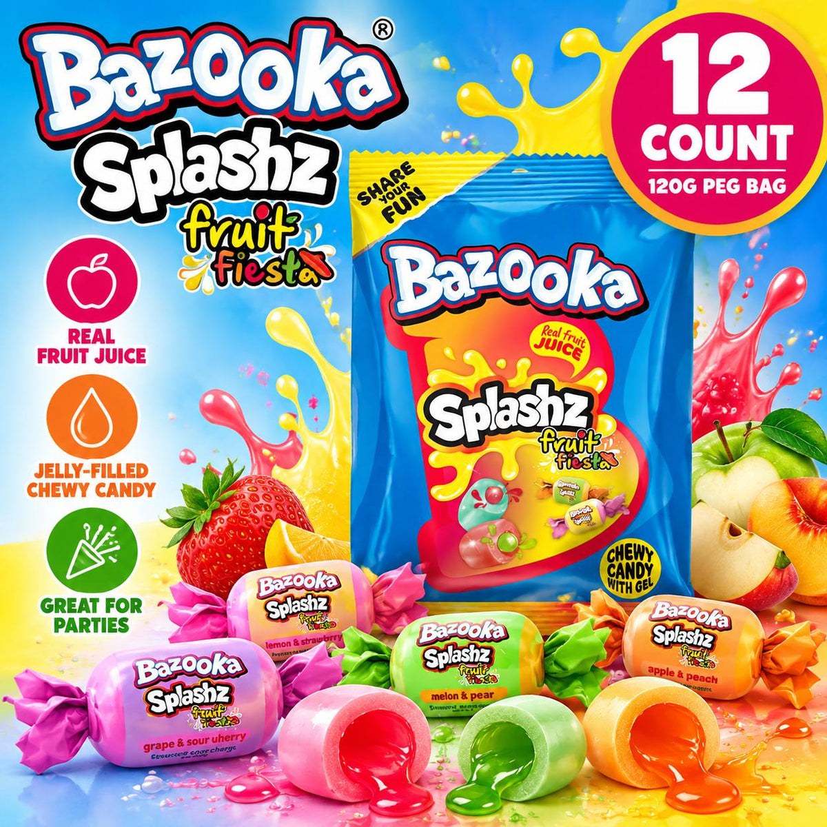 Bazooka UK Import Splashz Fruit Fiesta Jelly Filled Chewy Candy 120g 12 Count Peg Bag