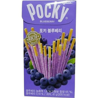 Korean Pocky Blueberry Flavor Chocolate Biscuit Sticks, 1.45oz, 10 Pieces Sweet Snack, Snack Boxes