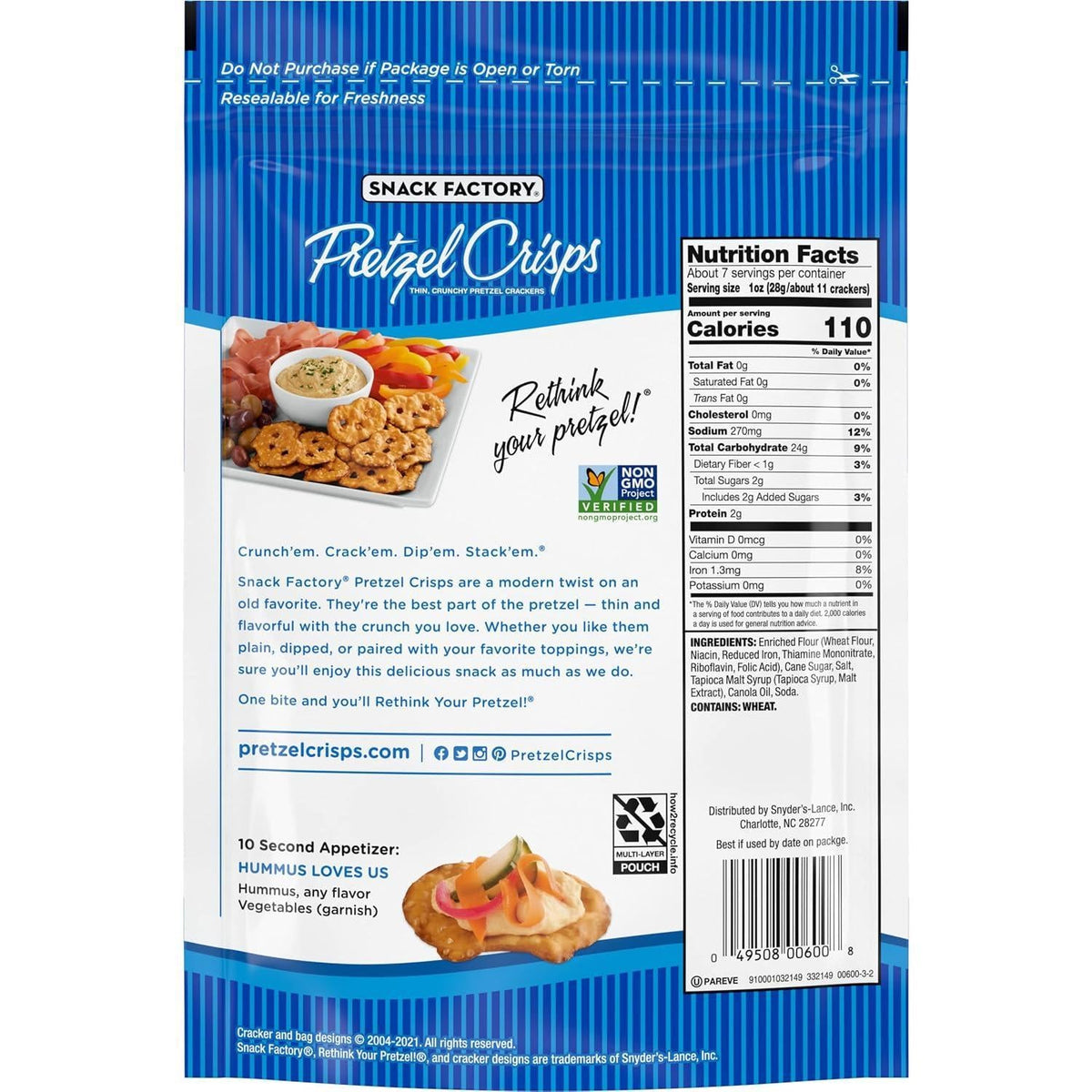 Snack Factory Original Crispy Pretzel Crackers - 7.2 oz, 12 Count, Thin Crunchy Biscuit Base Snack with Classic Flavor