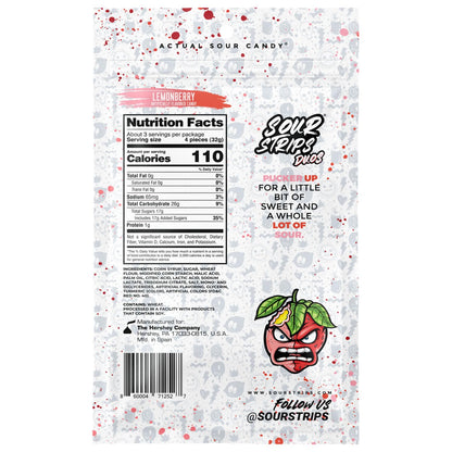 Sour Strips Lemonberry Duo Chewy Sugar-Base Candy Belts, 3.4oz Peg Bags (12 Count), Sweet and Sour Snacks