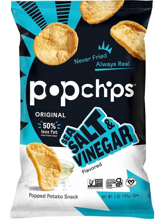 Popchips Never Fried Potato-Based Popped Snack Food, Sea Salt Vinegar Flavor, 5oz Bags, 12 Count, Ambient Temp Storage
