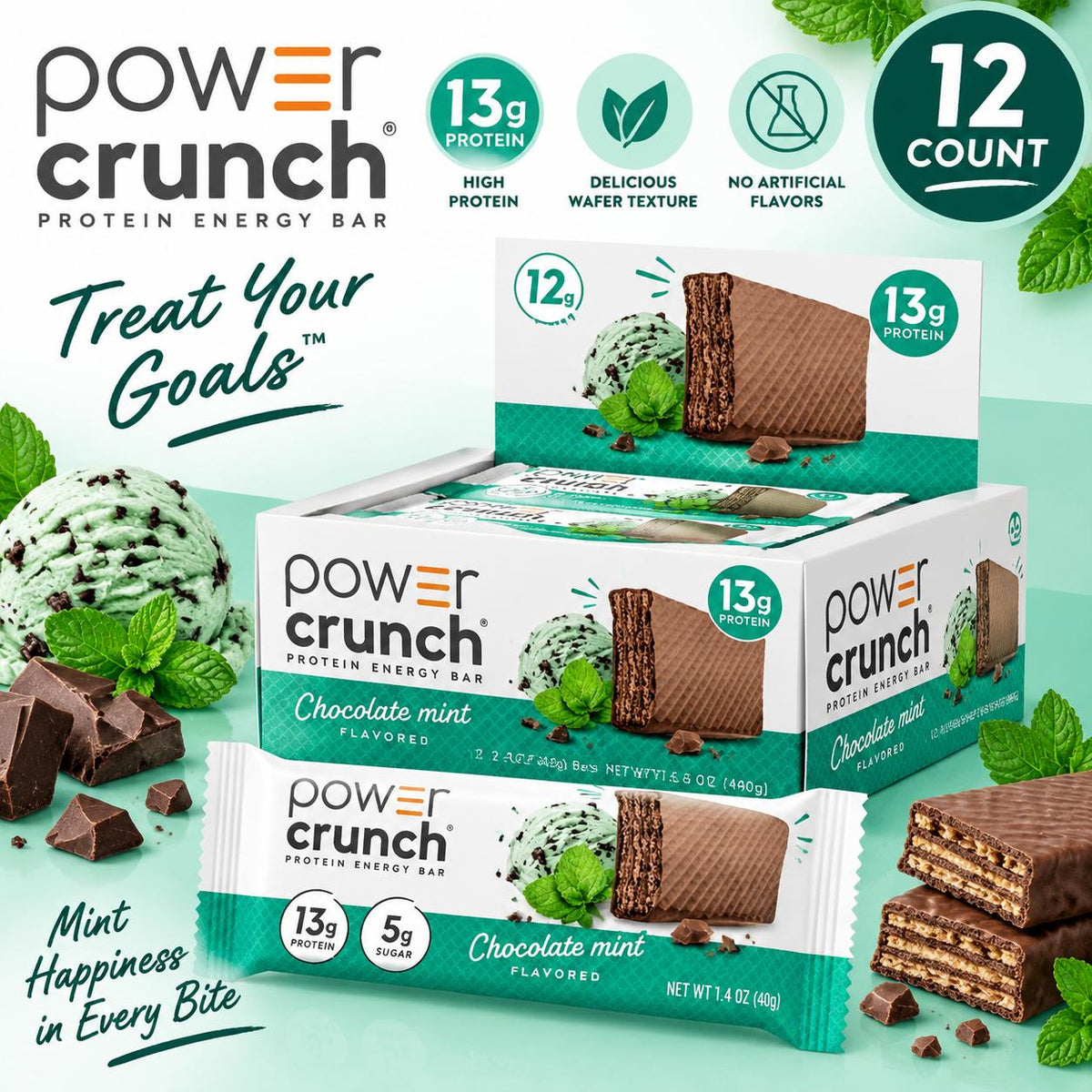 Power Crunch Protein-Rich Wafer Bars, Mint Chocolate Flavor, 1.4 oz, 12 Count Crispy Snack Bars