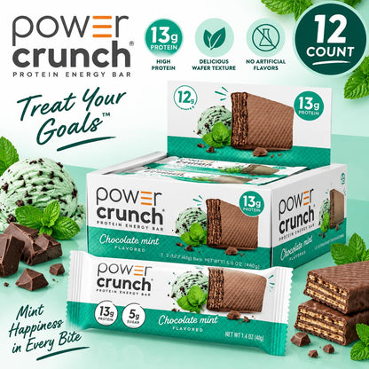 Power Crunch Protein-Rich Wafer Bars, Mint Chocolate Flavor, 1.4 oz, 12 Count Crispy Snack Bars