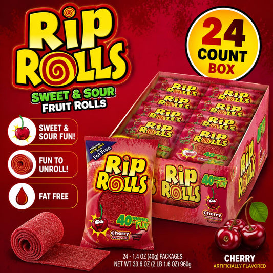 Rip Rolls Sweet-Sour Cherry Flavor Sugar-Based Candy Strips, 1.4oz Chewy Snacks, 24 Count Candies