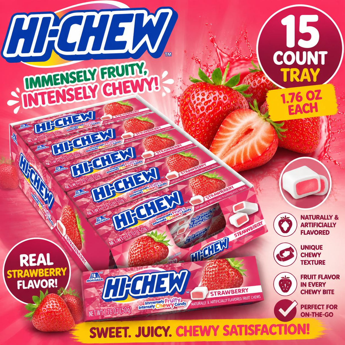 Hi-Chew Strawberry Chewing Candy, 1.76oz Tray Pack (15 Packs) - Soft Japanese Favorite for Snacking, Sharing