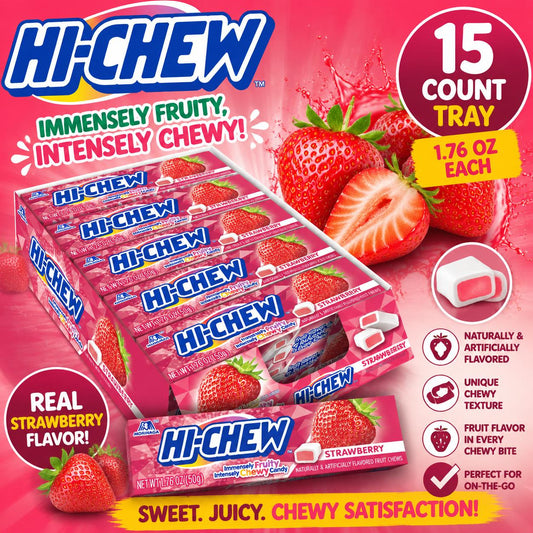 Hi-Chew Strawberry Chewing Candy, 1.76oz Tray Pack (15 Packs) - Soft Japanese Favorite for Snacking, Sharing