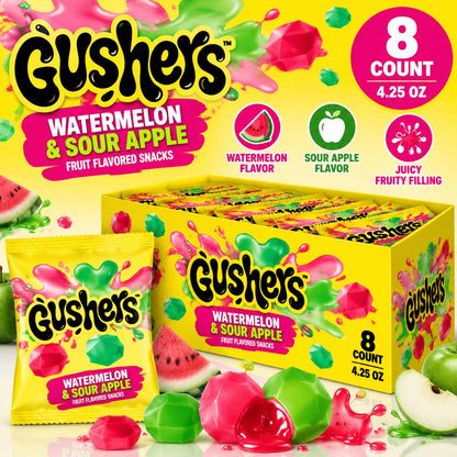 Gushers Fruit Pouches Watermelon and Sour Green Flavors 4.25 oz 8 Count Peg Tray Fruit Candy