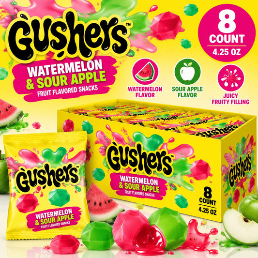 Gushers Fruit Pouches Watermelon and Sour Green Flavors 4.25 oz 8 Count Peg Tray Fruit Candy