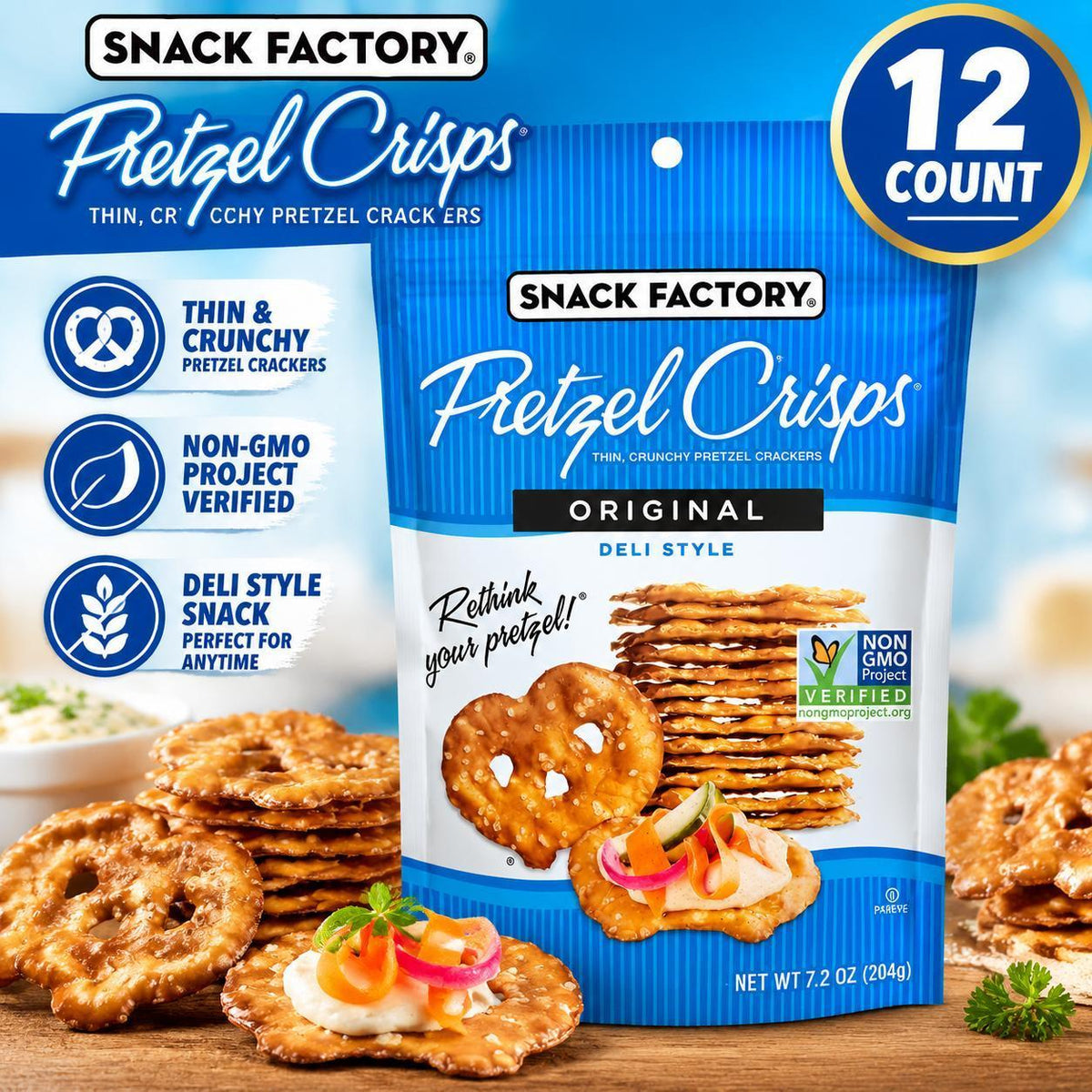 Snack Factory Original Crispy Pretzel Crackers - 7.2 oz, 12 Count, Thin Crunchy Biscuit Base Snack with Classic Flavor