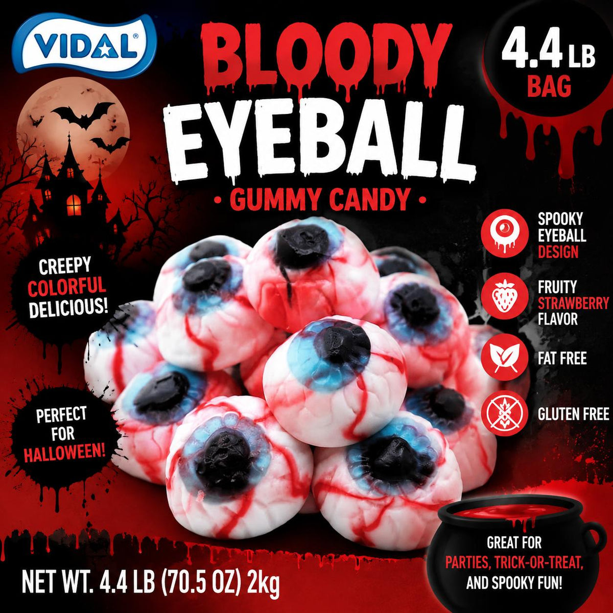 Vidal Halloween Bloody Eyeball Gummy Candy, 4.4 lb Bulk Bag, Chewy Treats, Gummy Food, Candy Snack, Sweets