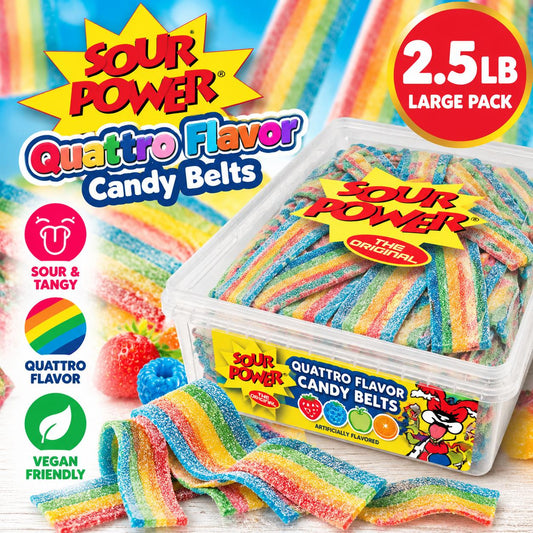 Sour Power Unwrapped Quattro-Flavor Candy Belts, 2.5 lb Bulk Tub Sugar-Based Multiflavored Candies, Snacks for Adults Large Pack