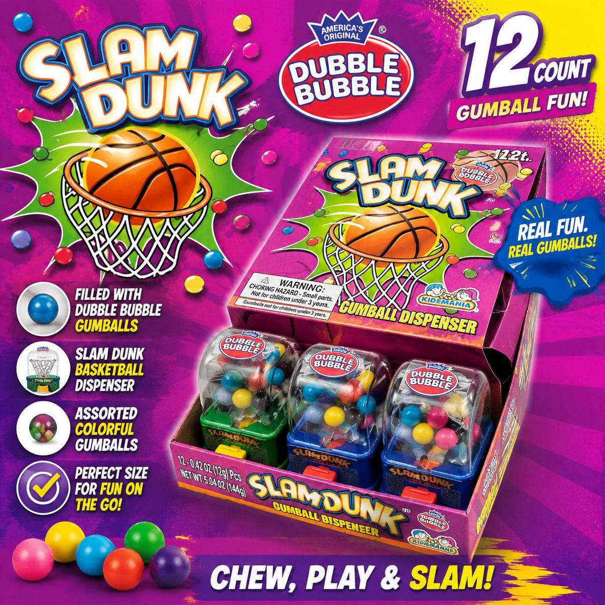 Dubble Bubble Slam Dunk Mini Basketball Gumball Dispenser, 12-Count Sugar-Based Candy Dispensers with Bubble Gum, Fun Party Favors & Collectible Treats