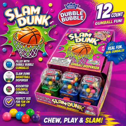Dubble Bubble Slam Dunk Mini Basketball Gumball Dispenser, 12-Count Sugar-Based Candy Dispensers with Bubble Gum, Fun Party Favors & Collectible Treats