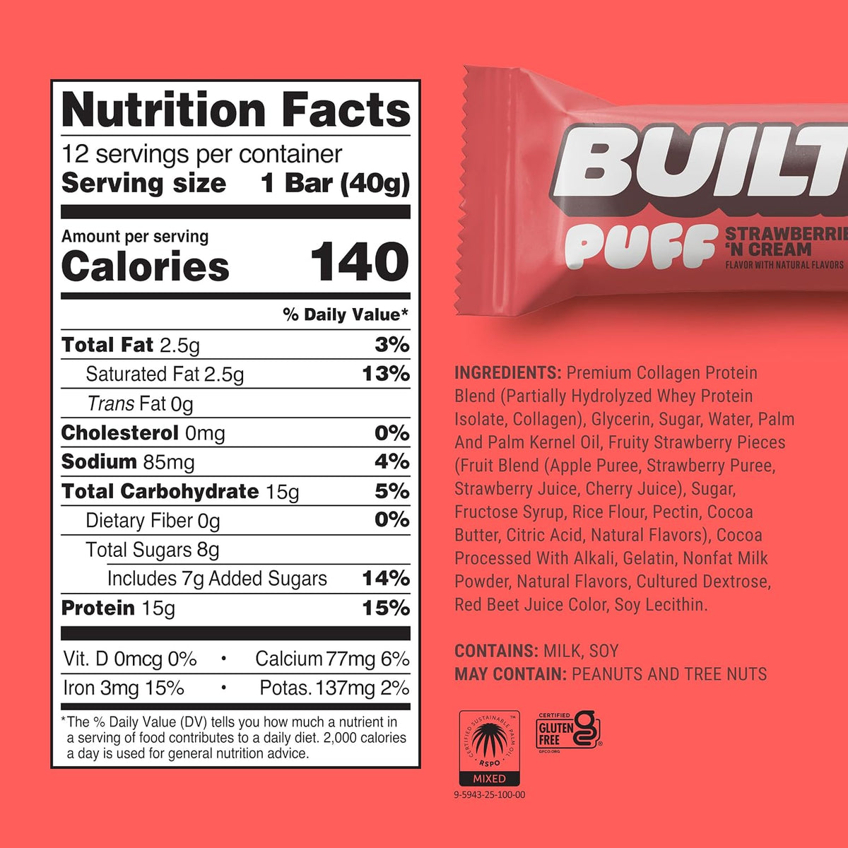 Built Strawberry Cream Puff Protein Bars - 1.41oz, 12-Count, Chocolate-Containing Protein-Rich Snack Bars, Contains Chocolate
