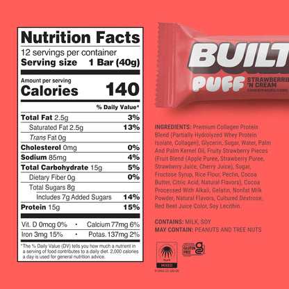 Built Strawberry Cream Puff Protein Bars - 1.41oz, 12-Count, Chocolate-Containing Protein-Rich Snack Bars, Contains Chocolate