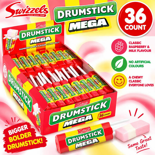 Swizzels UK Import Mega Drumstick Lollipop Chewy Candy, 28g, 36 Pieces Box Pack, Strawberry Raspberry Flavor, Made with Sugar