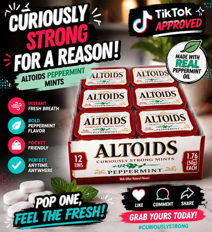 Altoids Curiously Strong Peppermint Breath Mints, 1.76oz, 12-Count Tray Pack, Classic Mint Tins for On-the-Go Freshness