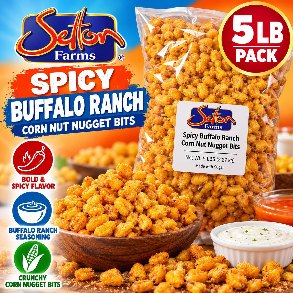 Setton Premium Spicy Buffalo Ranch Corn Nut Nugget Bits, 5 lb Bulk Bag Crunchy Snack, Candy in Bulk