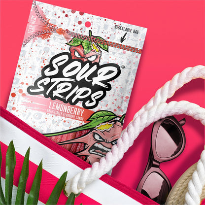 Sour Strips Lemonberry Duo Chewy Sugar-Base Candy Belts, 3.4oz Peg Bags (12 Count), Sweet and Sour Snacks