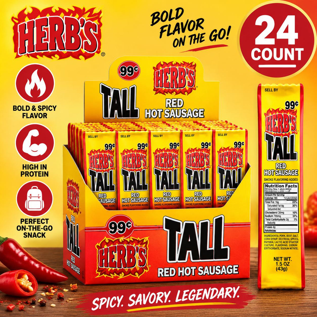 Savory Flavor Spicy Herbs Tall Red Hot Sausage Meat Snack Sticks, 1.5oz Each, 24-Count