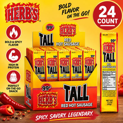 Savory Flavor Spicy Herbs Tall Red Hot Sausage Meat Snack Sticks, 1.5oz Each, 24-Count