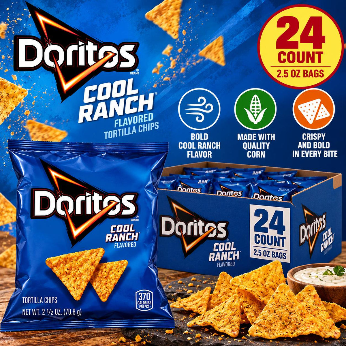 Doritos Cool Ranch Crispy Crunchy Savory Tortilla Chips, 2.5 oz XVL Snack Bags, 24 Count