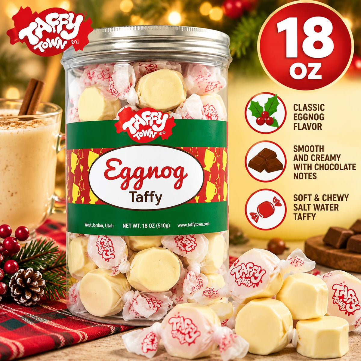 Taffy Town Christmas Eggnog Salt Water Taffy 18 oz Jar Holiday Chewy Candy
