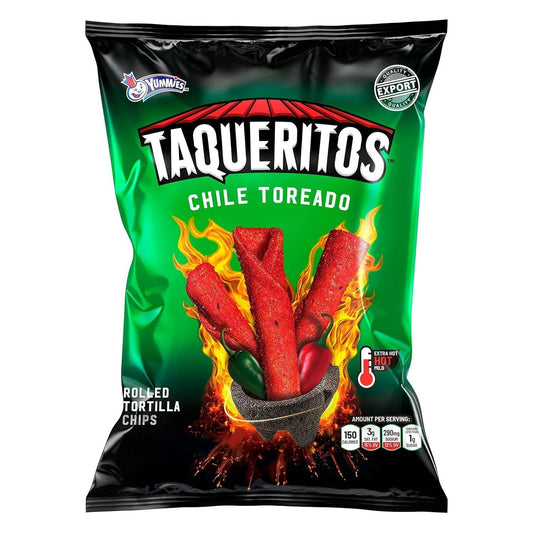 Taqueritos Rolled Shape Tortilla Chips - Chile Toreado Flavor, 8oz Boxed Pack, 20 Count, Sugar Base Party Snack with Candy Bundle Box Option