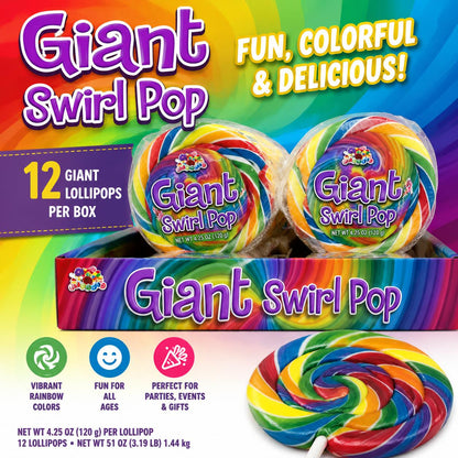 Albert's Giant Swirl Rainbow Lollipops - 4.25 oz, 12 Count, Candy in Bulk, Made with Sugar, Colorful Party Favors, Birthday Sweet Treats