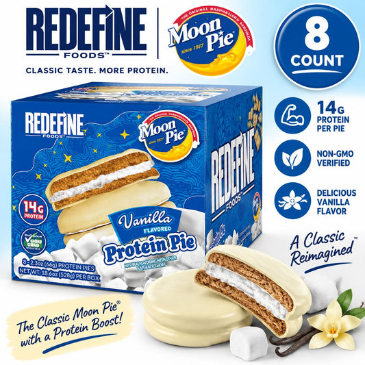 Redefine Protein-Rich Vanilla Moon Pie Chocolate Candy Snack Bars, 8-Count Box Pack High-Protein Snack