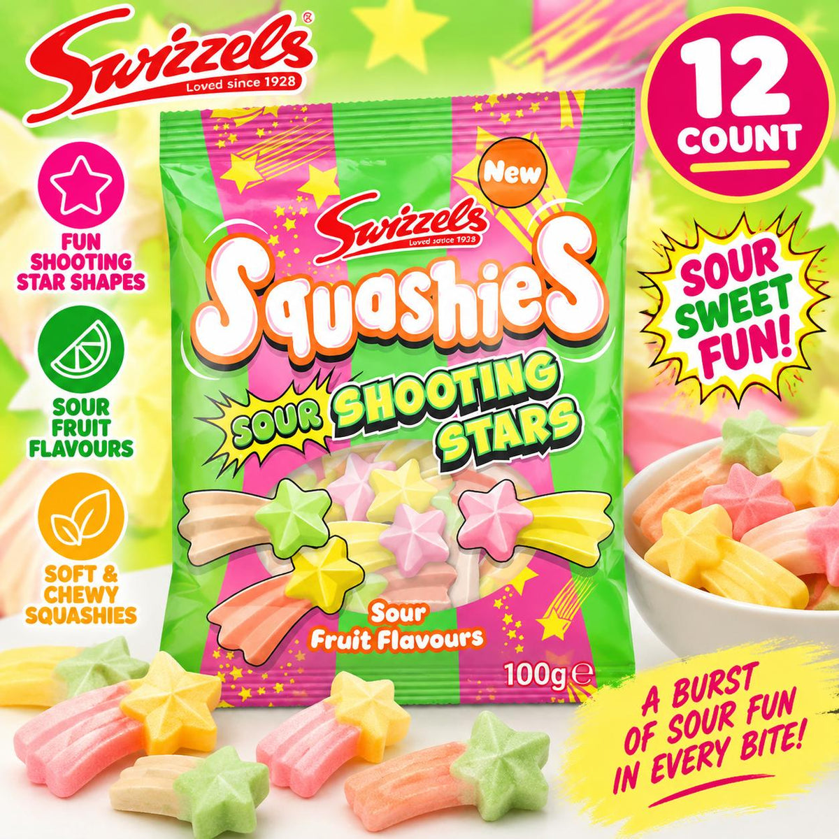 Swizzels UK Import Squashies Sour Shooting Stars Chewy Soft Fruity Candies, 12-Count 100g Sour Fruit Snack