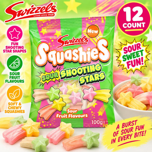 Swizzels UK Import Squashies Sour Shooting Stars Chewy Soft Fruity Candies, 12-Count 100g Sour Fruit Snack