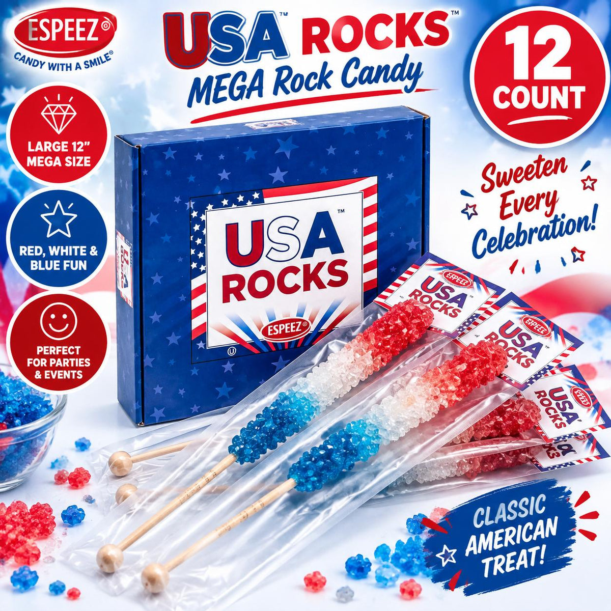 Espeez USA Red White Blue Mega Rock Candy 12 Inch 12 Count Display Patriotic Candy Sticks