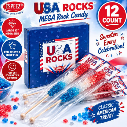 Espeez USA Red White Blue Mega Rock Candy 12 Inch 12 Count Display Patriotic Candy Sticks