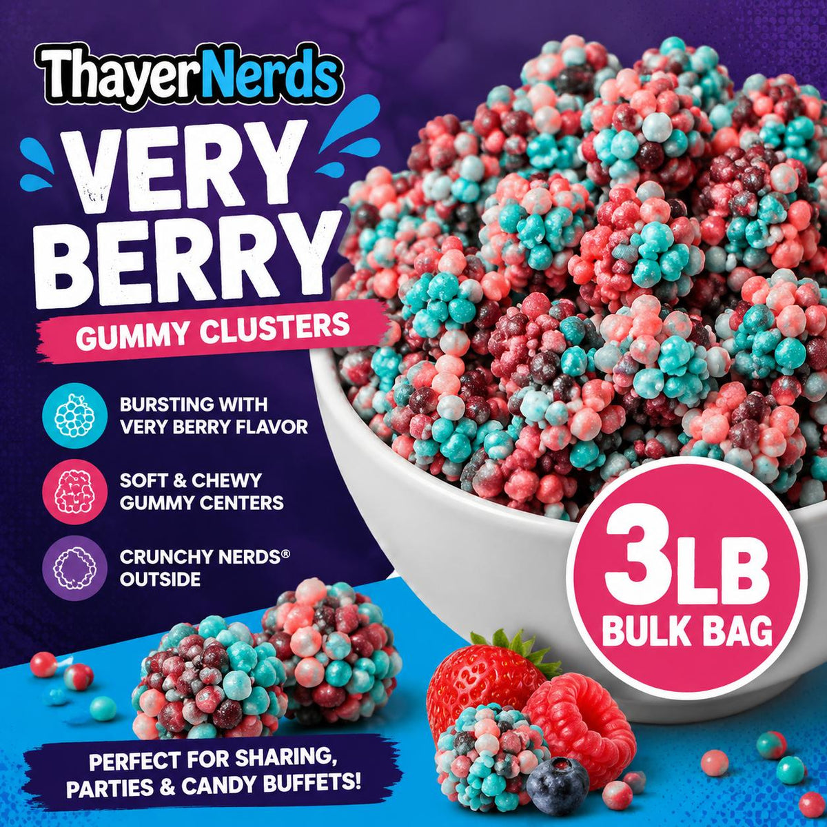 NERDS Very Berry Gummy Clusters, 3lb Bagged Berry Mix Candy - Crunchy & Chewy Bulk Treats for Parties, Candy Buffets