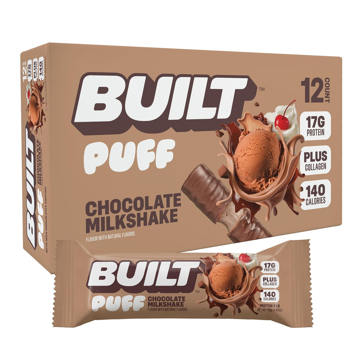 ThayerBUILT Puff Protein Bar, Chocolate Milk Shake Flavor, 1.41oz, 12 Ct - Candy-Infused Sweet Birthday Snack