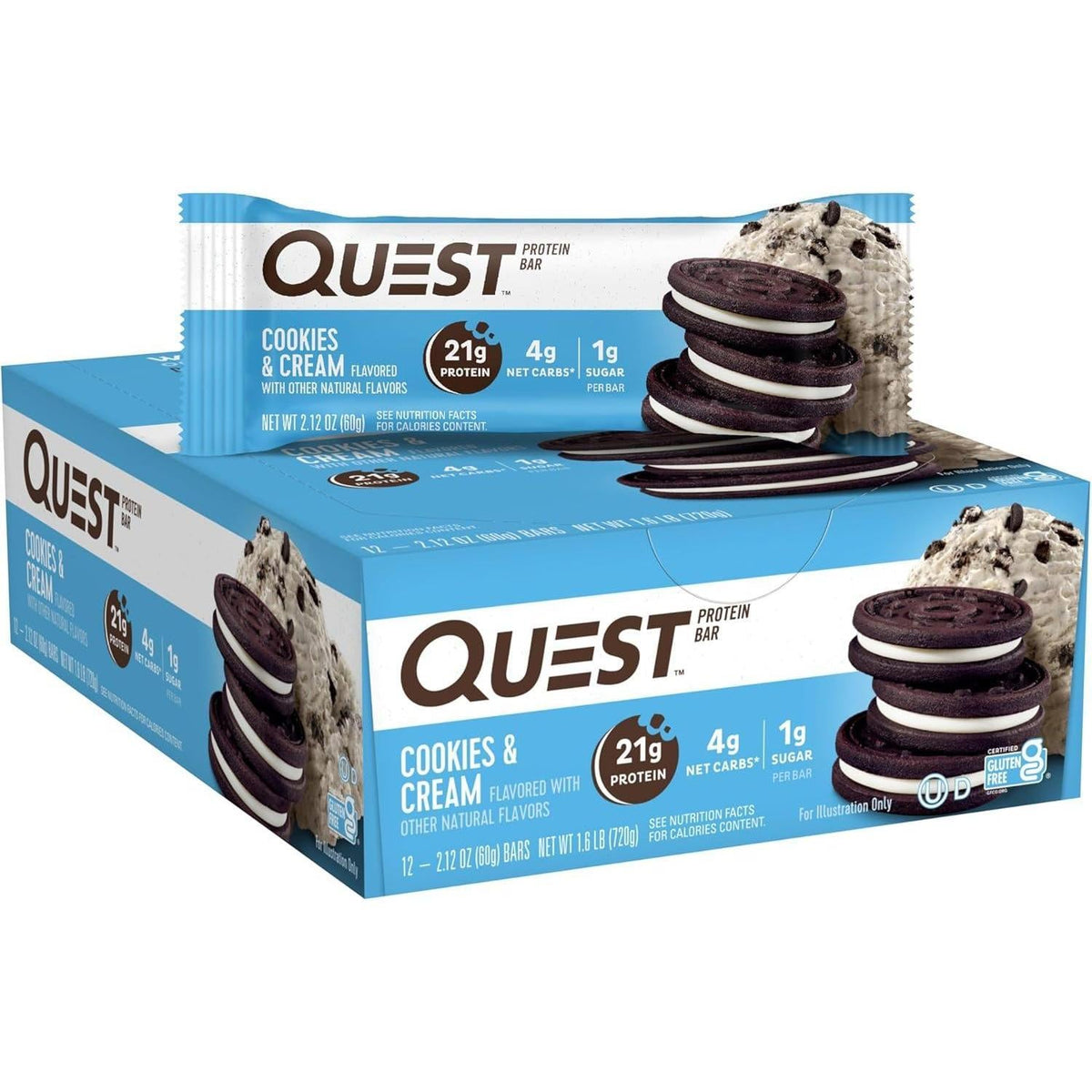 Quest Protein Bar, Cookies & Cream Flavor, 12-Count Box Pack – High-Protein Snack Bars That Contains Biscuits