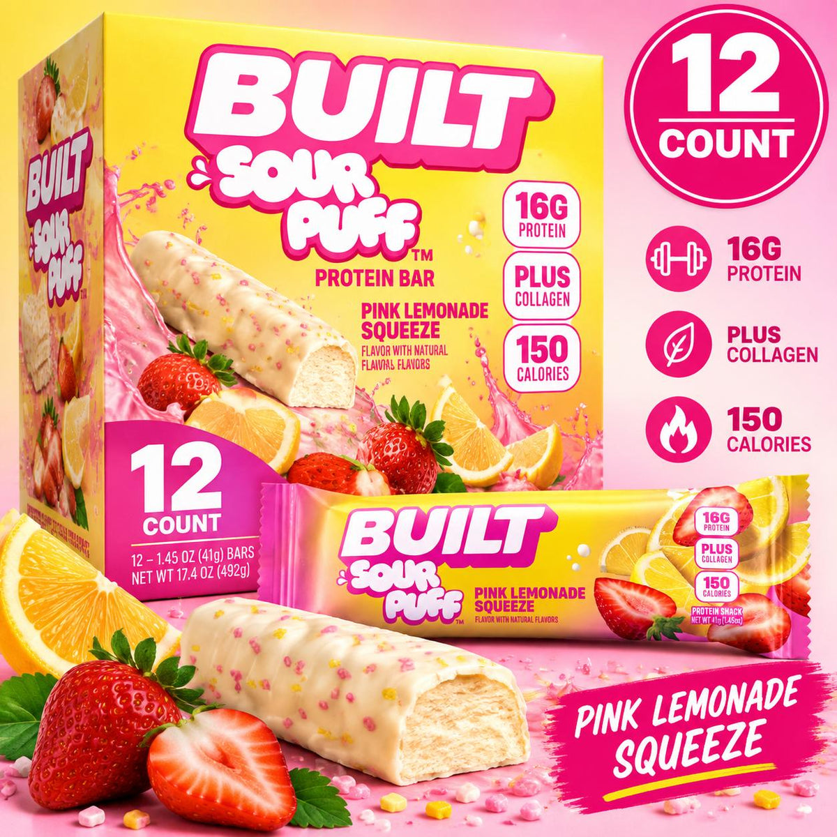 BUILT Sour Puff Protein Bar Pink Lemonade Squeeze 1.45 oz 12 Count Lemonade Protein Snack Bars