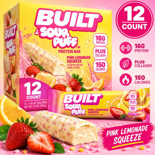BUILT Sour Puff Protein Bar Pink Lemonade Squeeze 1.45 oz 12 Count Lemonade Protein Snack Bars
