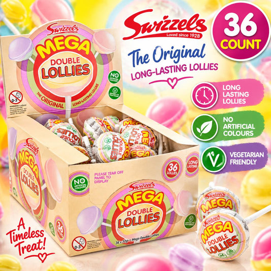 Swizzels UK Import Pure Sugar Double Lollies Lollipops, 32g, 36-Count Tray, Assorted Fruit Candy