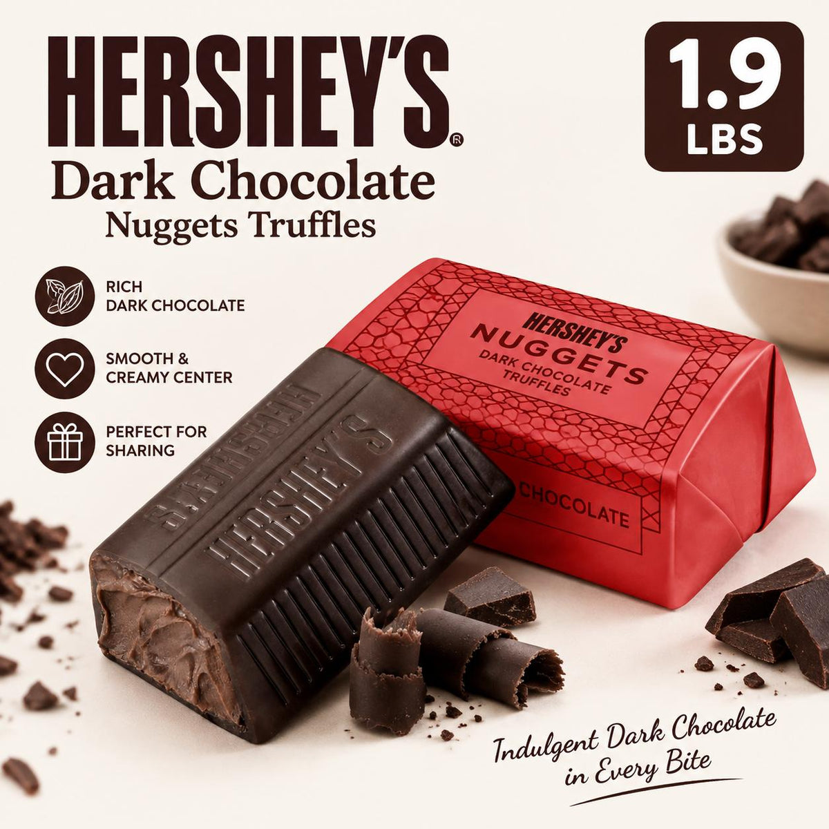 HERSHEYS Dark Chocolate Nuggets Truffles Dessert, 1.9 lb Bulk Large Pack, Premium Flavor Chocolate Candies Snacks