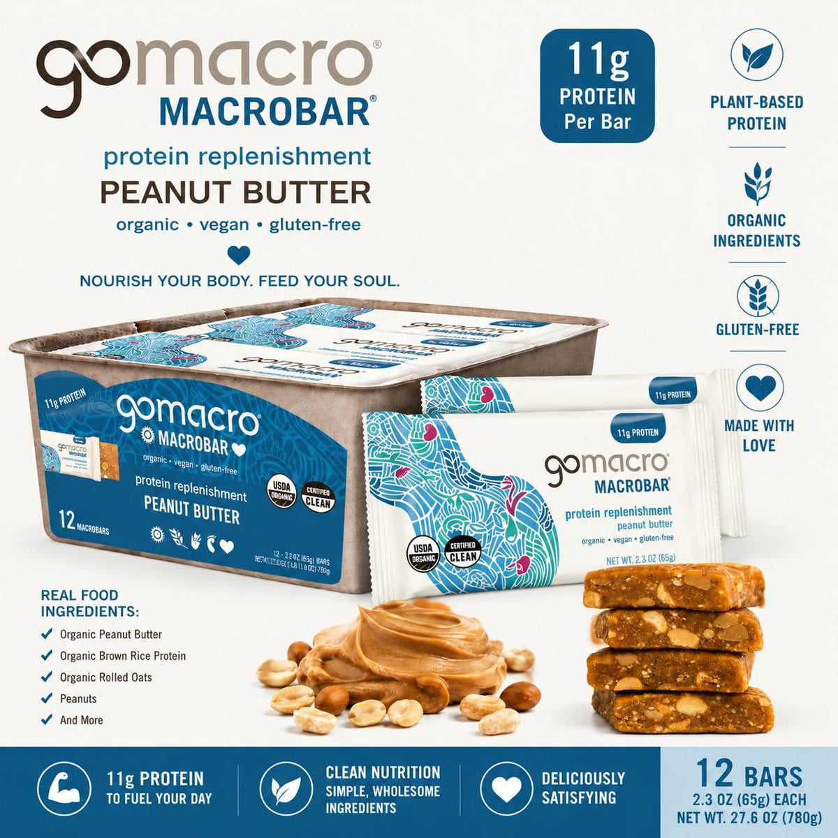GoMacro Certified Organic Plant-Based Protein Focus Bar - Peanut Butter Flavor, 2.3 oz, 12 Bars Box Pack, Vegan Gluten-Free Snack, 2.3Oz