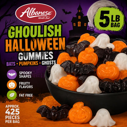 Albanese Ghoulish Halloween Soft Sweet Gummy Candies - Bats, Pumpkin, Ghost Shapes - 5 lbs Bulk Bag Halloween Snack