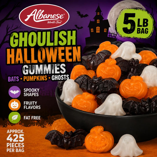 Albanese Ghoulish Halloween Soft Sweet Gummy Candies - Bats, Pumpkin, Ghost Shapes - 5 lbs Bulk Bag Halloween Snack
