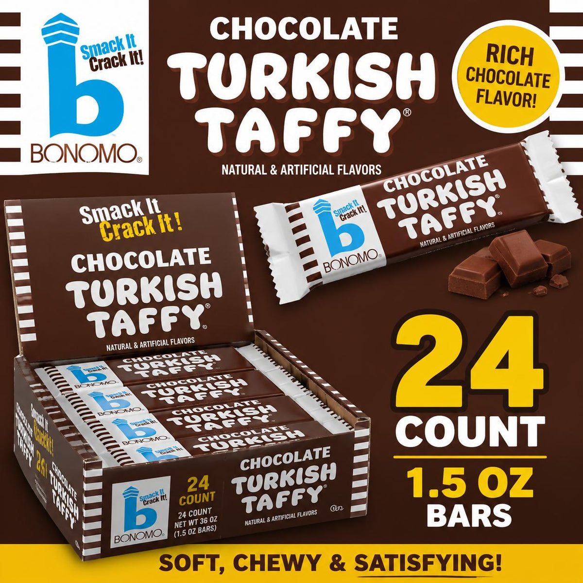 Bonomo Turkish Taffy Chocolate Candy Bars, 1.5oz, 24-Count Retro Individually Wrapped Classic Chewy Treats
