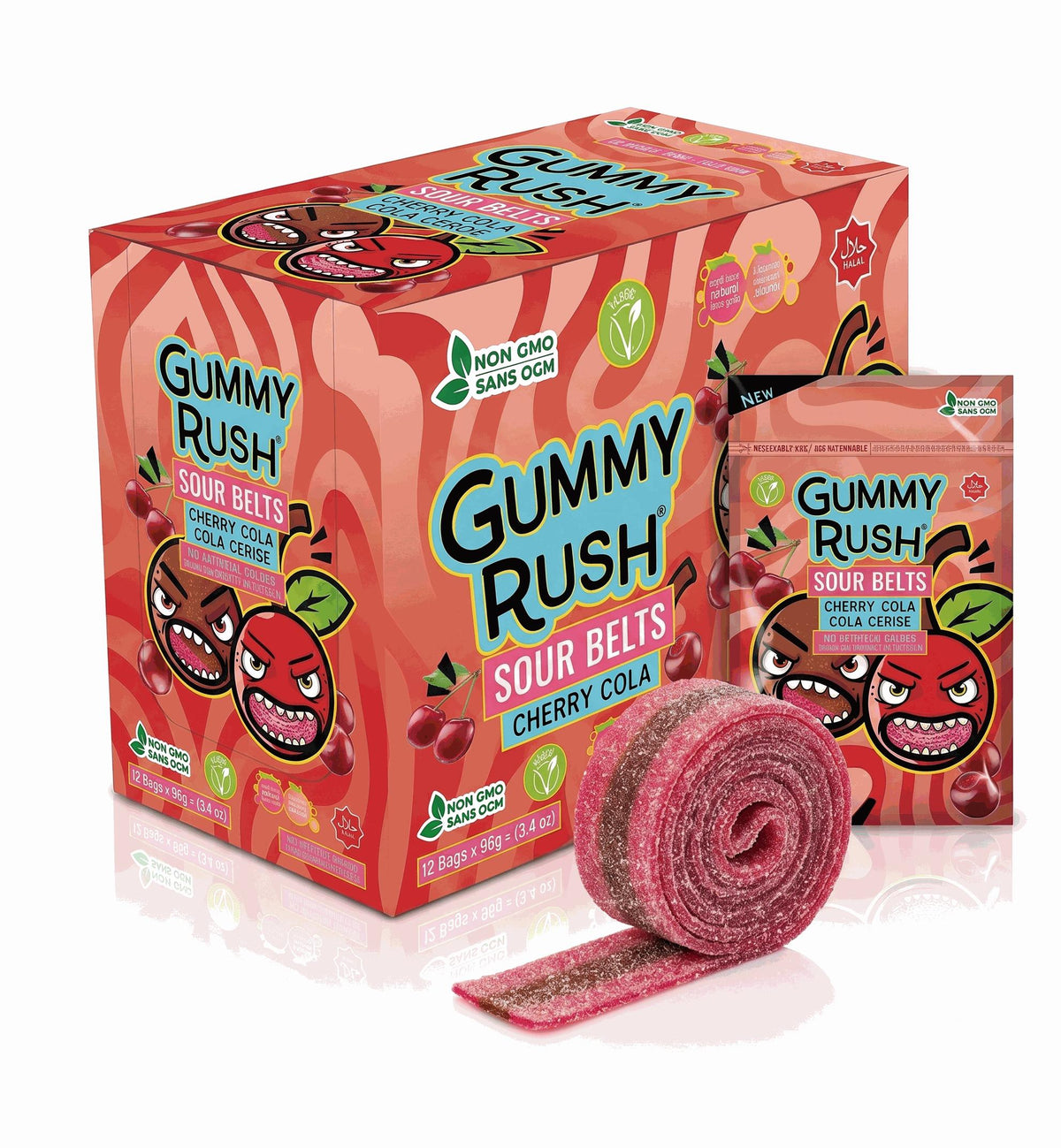INFIN8 Gummy Rush Sour Belts Cherry Cola 3.4 oz 12 Count Peg Bag Sour Gummy Candy