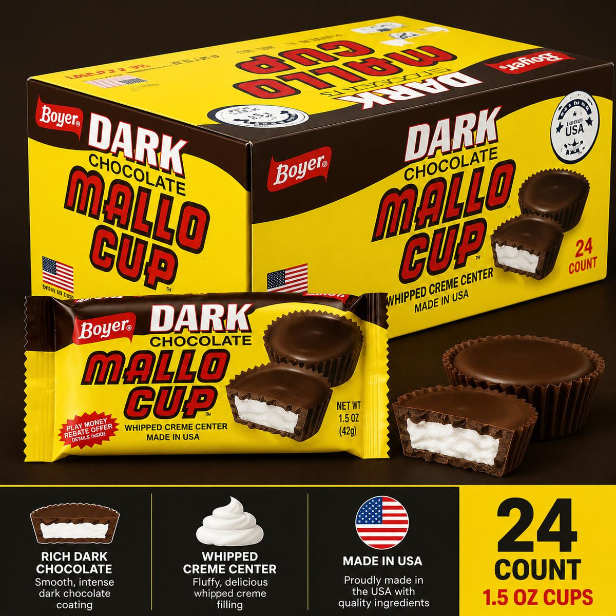 Boyer Dark Chocolate Whipped Cream Mallo Cup Candy, 1.5oz, 24-Count Box Pack, Chocolate Marshmallow Snacks